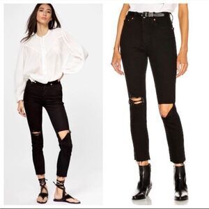 Redone Re/Done Jeans 90s High Rise Ankle Crop Ripped Jet Black with Rips 26”